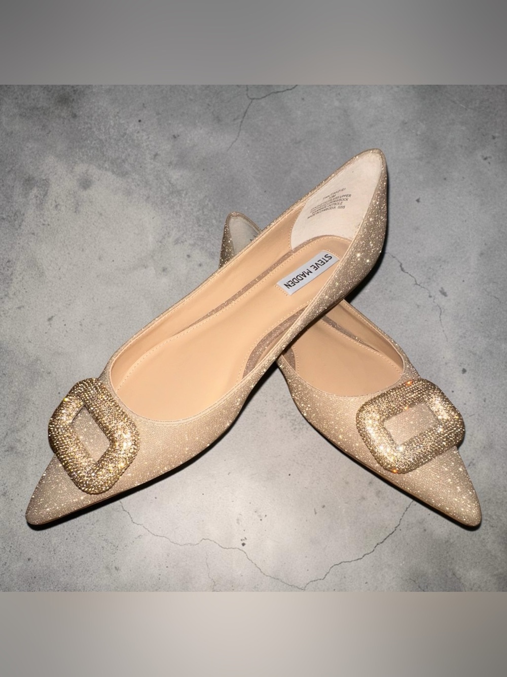 Steve Madden Glitter Gold Pointed Flats with Crystal Buckle
